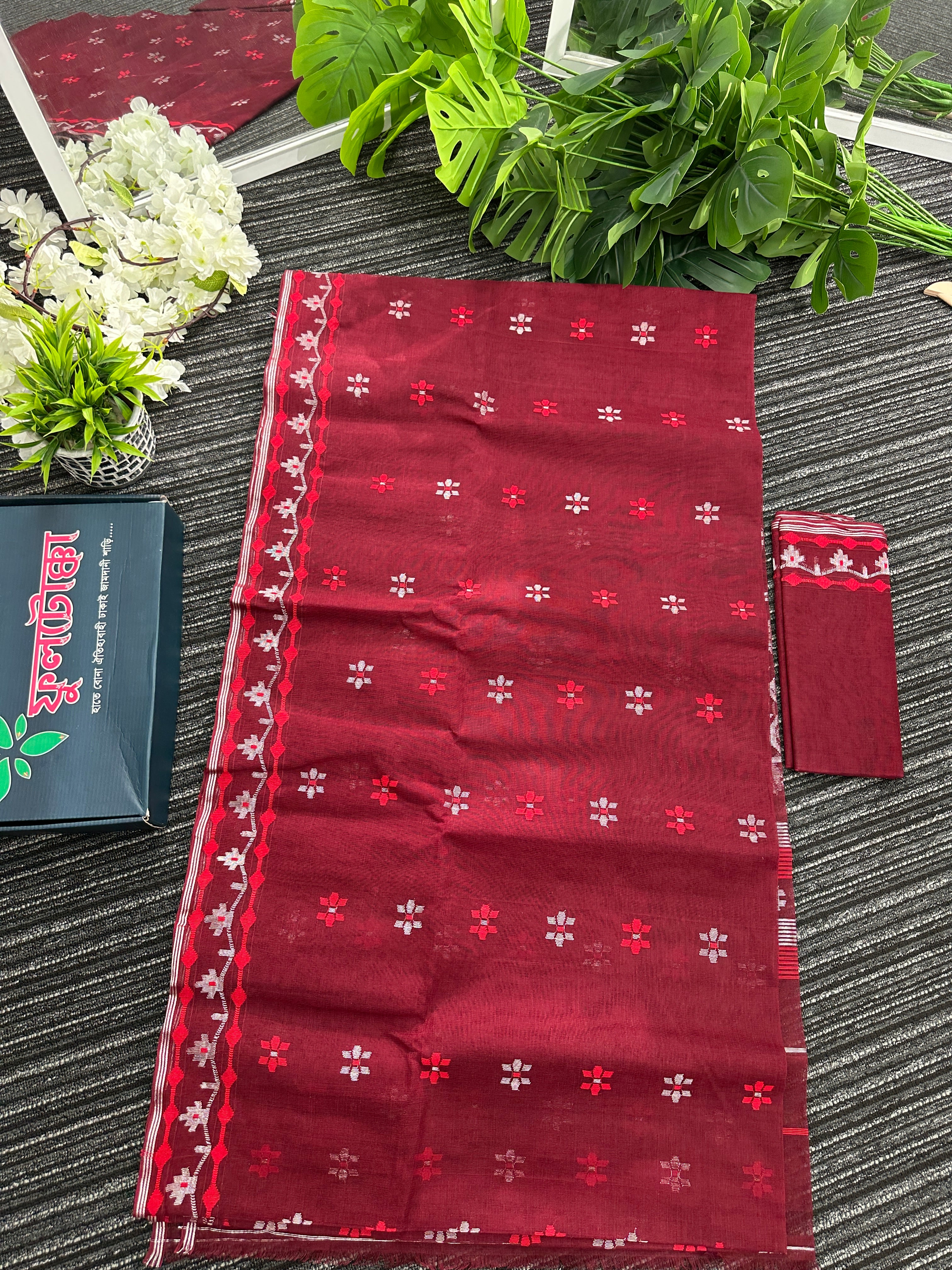 Maroon semi bridal cotton jamdani saree with silvery jori work maroon threads work