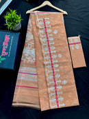 Peach halfsilk jamdani saree with silver jori work and pink peach threads work