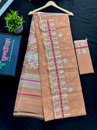 Peach halfsilk jamdani saree with silver jori work and pink peach threads work
