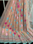 Peach colour halfsilk jamdani saree with blue pink golden magenta threads work