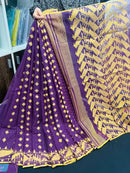 Purple Cotton Jamdani Saree With Yellow Threads Work