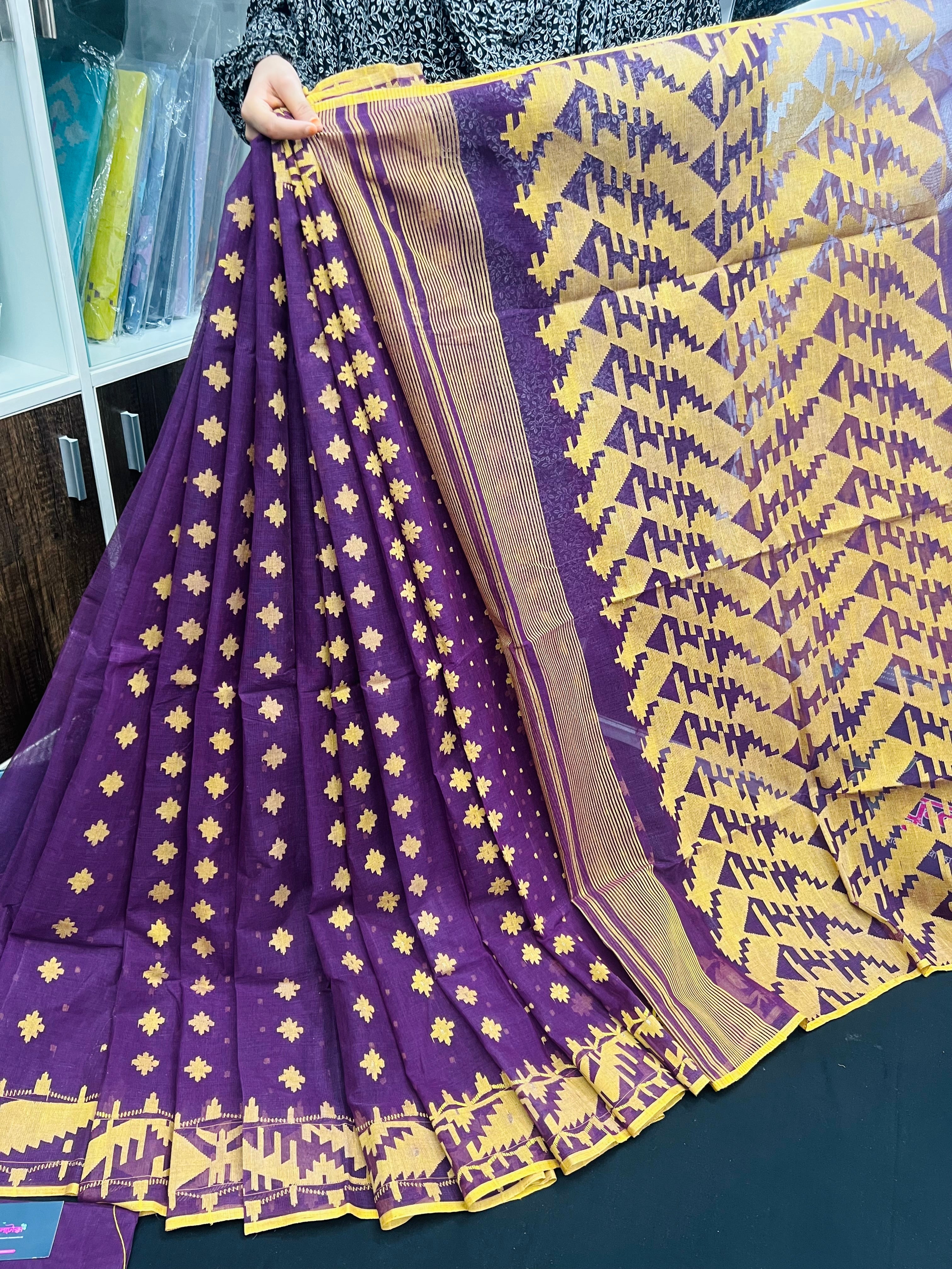 Purple Cotton Jamdani Saree With Yellow Threads Work