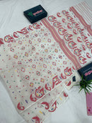 White cotton jamdani saree with multiple colour threads work and blouse piece.