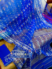 Royal Blue Handloom Jamdani Saree With Multi Jori Work.