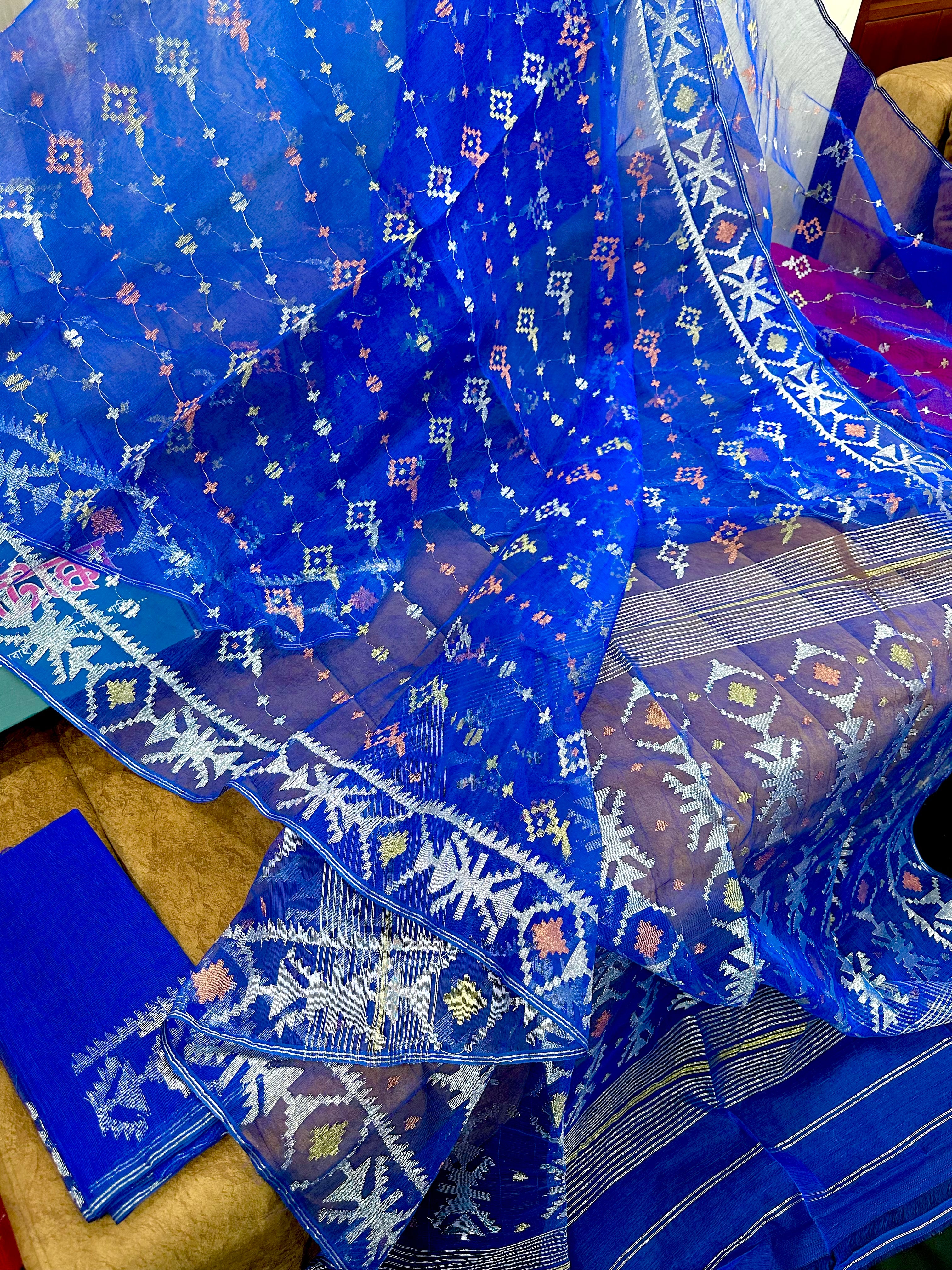 Royal Blue Handloom Jamdani Saree With Multi Jori Work.