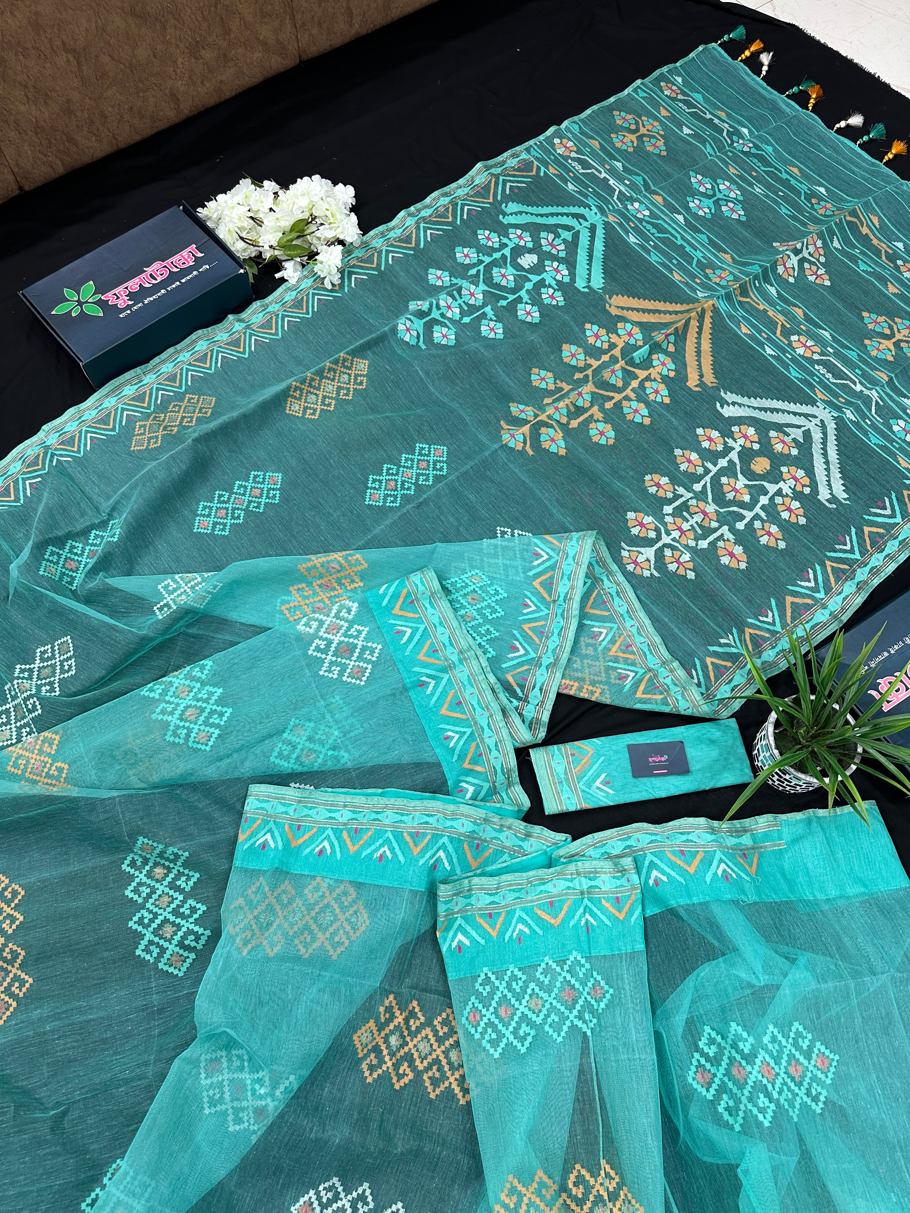 Ice blue exclusive halfsilk jamdani saree all over threads work