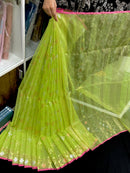 Lemon halfsilk jamdani saree with golden silver & copper jori work and pink border