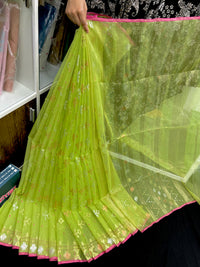 Lemon halfsilk jamdani saree with golden silver & copper jori work and pink border