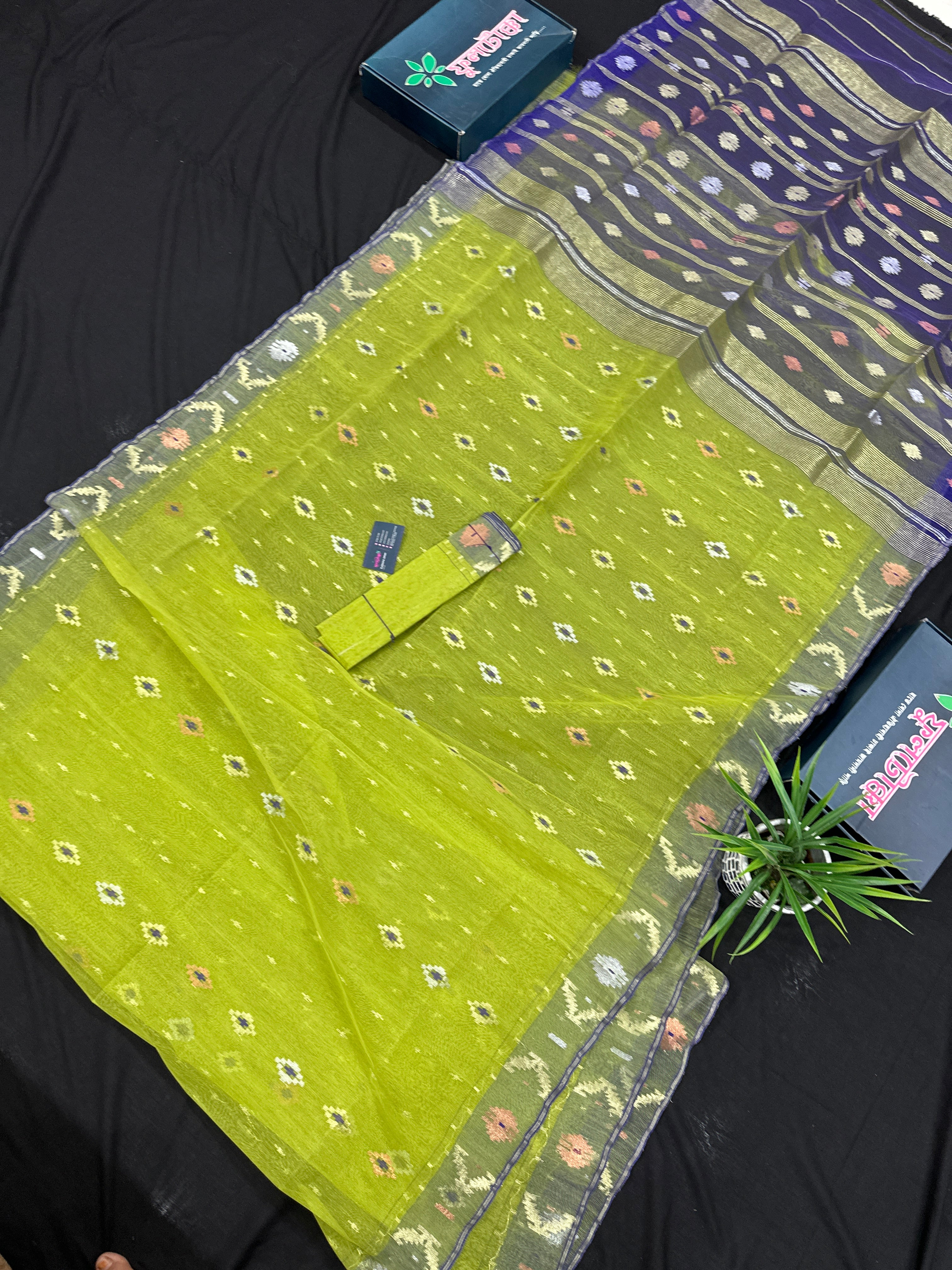 Olive halfsilk jamdani saree with golden silver & copper jori work and blue contrast paar