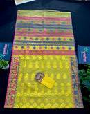 Yellow gonga jamuna design halfsilk jamdani saree with multiple colour threads work