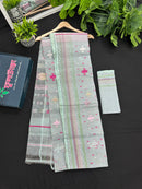 Light Blue Original Handloom Halfsilk Dhakai Jamdani Saree With Pink Blue Off White Threads Work