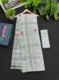 Light Blue Original Handloom Halfsilk Dhakai Jamdani Saree With Pink Blue Off White Threads Work