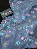 Powdery blue jamdani saree with pink blue and golden jori work.