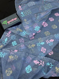 Powdery blue jamdani saree with pink blue and golden jori work.