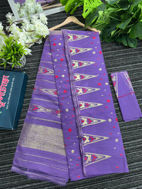 Purplish Lavendar halfsilk jamdani saree with golden jori work and pink meena work