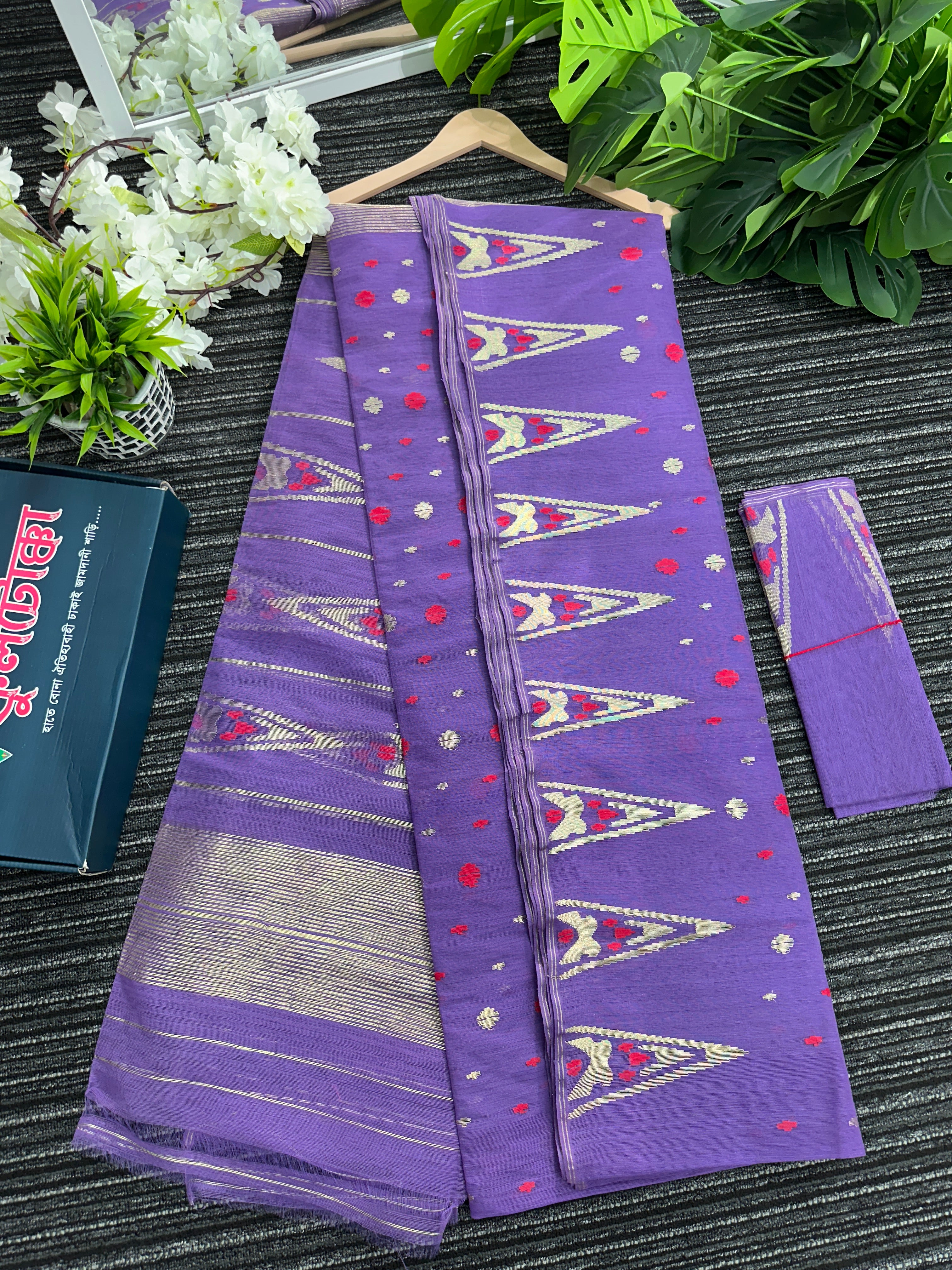 Purplish Lavendar halfsilk jamdani saree with golden jori work and pink meena work