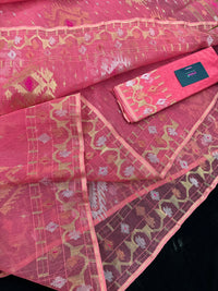 Peach pink jamdani saree with golden silver & copper jori work.