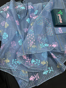 Powdery blue jamdani saree with pink blue and golden jori work.