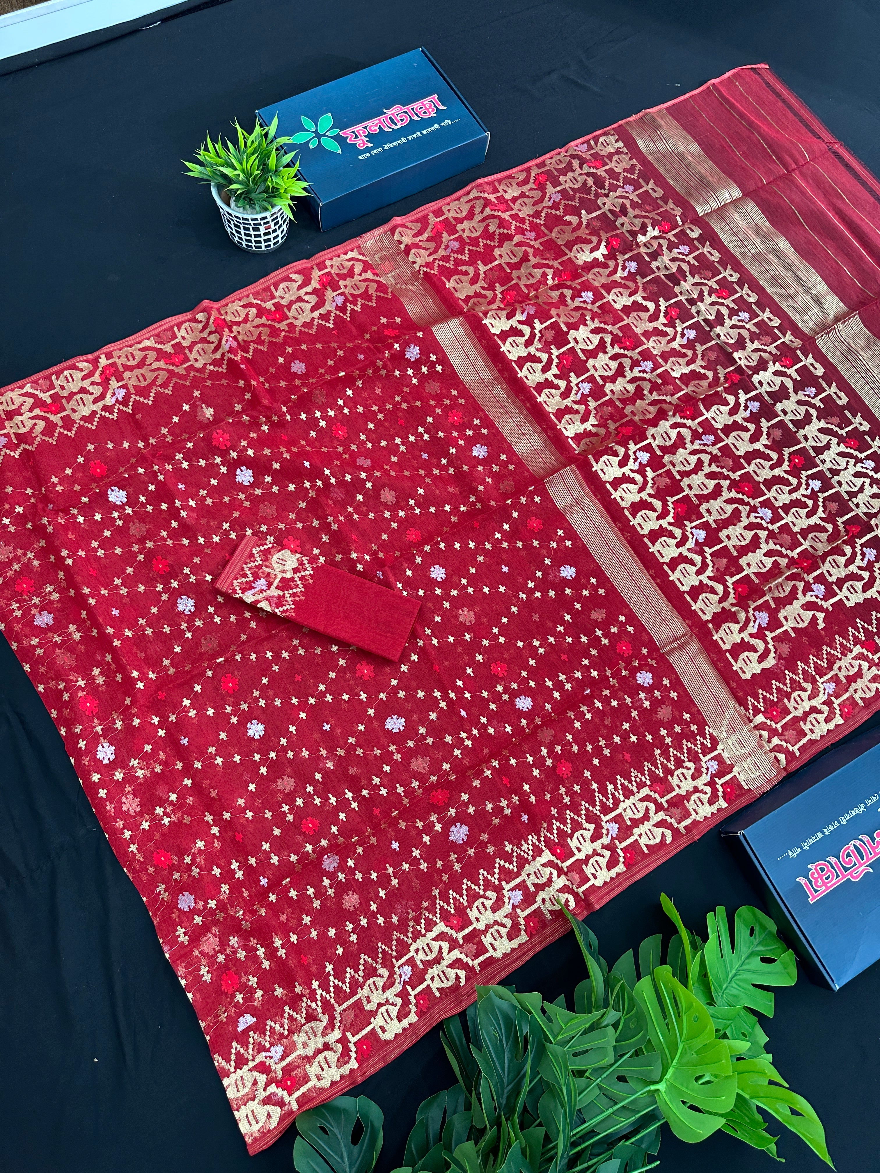 Red semi bridal halfsilk jamdani saree with all over golden jori work