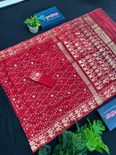 Red semi bridal halfsilk jamdani saree with all over golden jori work