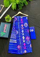 Royal blue halfsilk jamdani sari with golden silver copper pink jori work