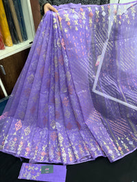 Lavender Colour Original Handloom Halfsilk Dhakai Jamdani With Golden Silver & Copper Jori Work