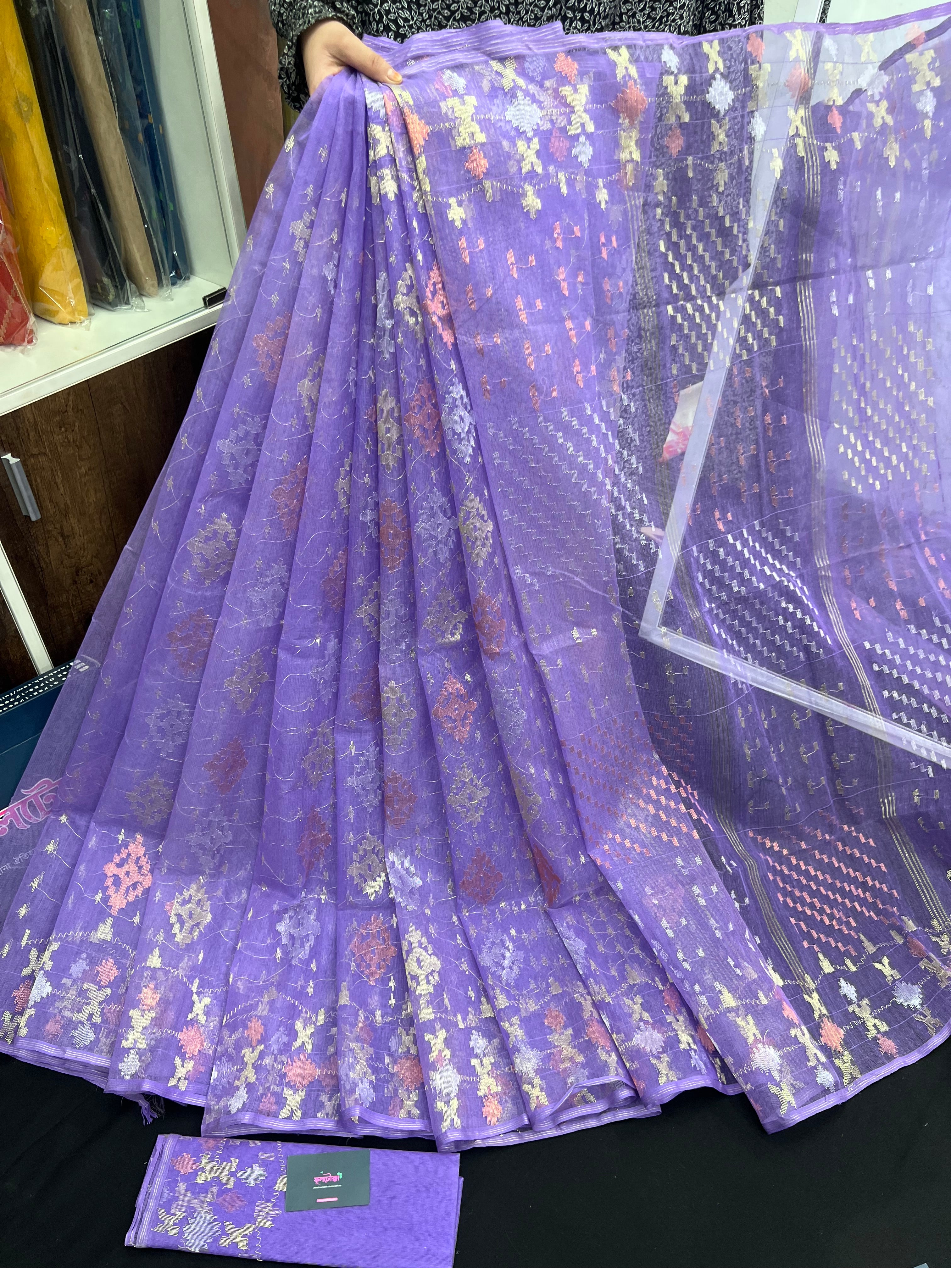 Lavender Colour Original Handloom Halfsilk Dhakai Jamdani With Golden Silver & Copper Jori Work