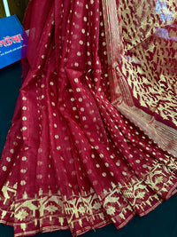 Maroon semi bridal cotton jamdani saree with golden jori work