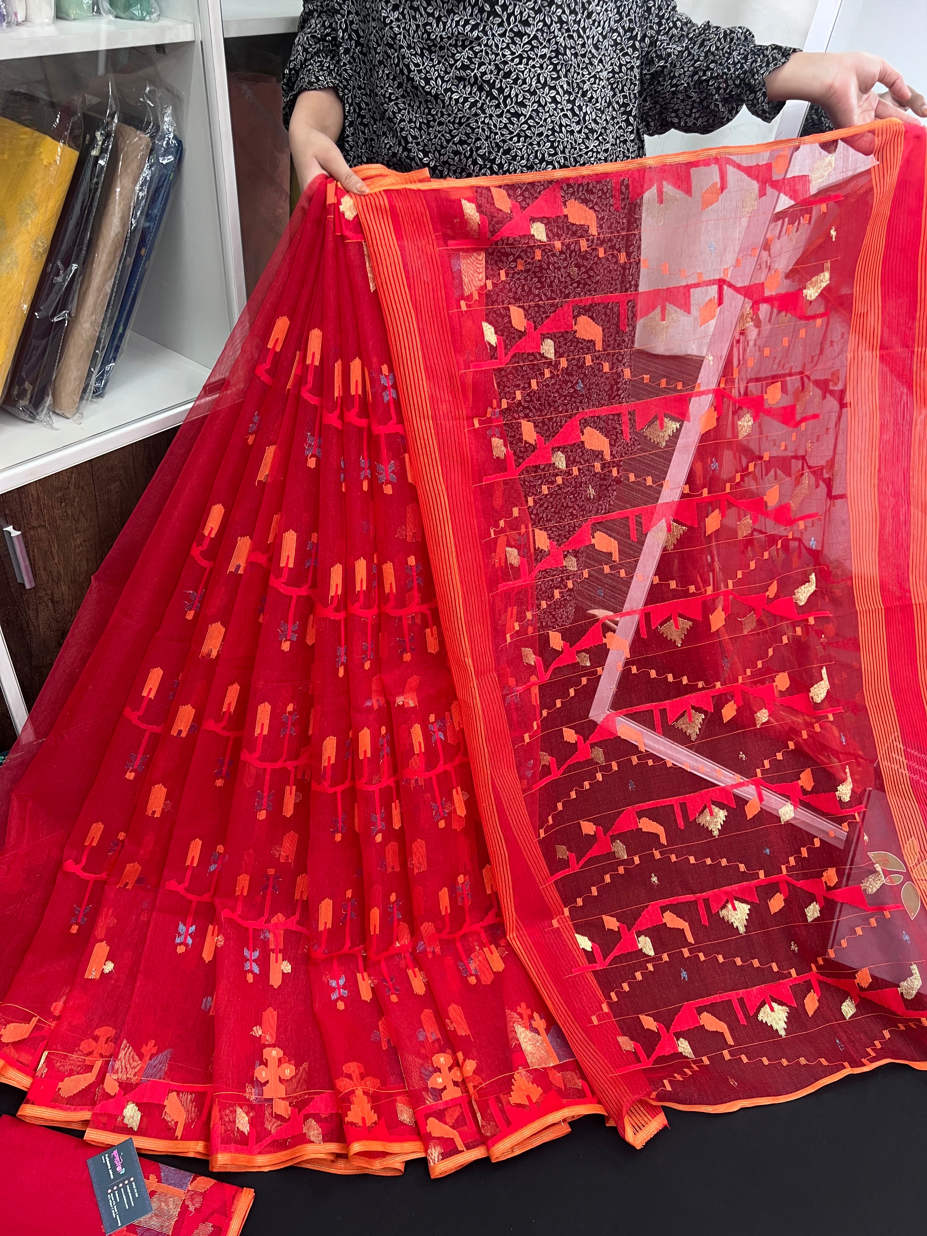 Cherry Red Original Handloom Halfsilk Dhakai Jamdani Saree