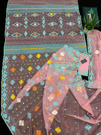 Pink jamdani saree with blue white yellow orange threads work and blouse piece.