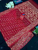 Reddish Maroon Bridal Exclusive dhakai jamdani saree with all over golden jori work soft count.