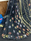 Black halfsilk jamdani saree with golden silver & copper jori work and magenta meena work