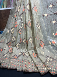 Dark olive halfsilk jamdani saree with orange off white coffe threads work
