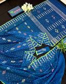 Sea blue dhakai jamdani saree with golden silver & copper jori work soft count.