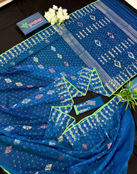 Sea blue dhakai jamdani saree with golden silver & copper jori work soft count.