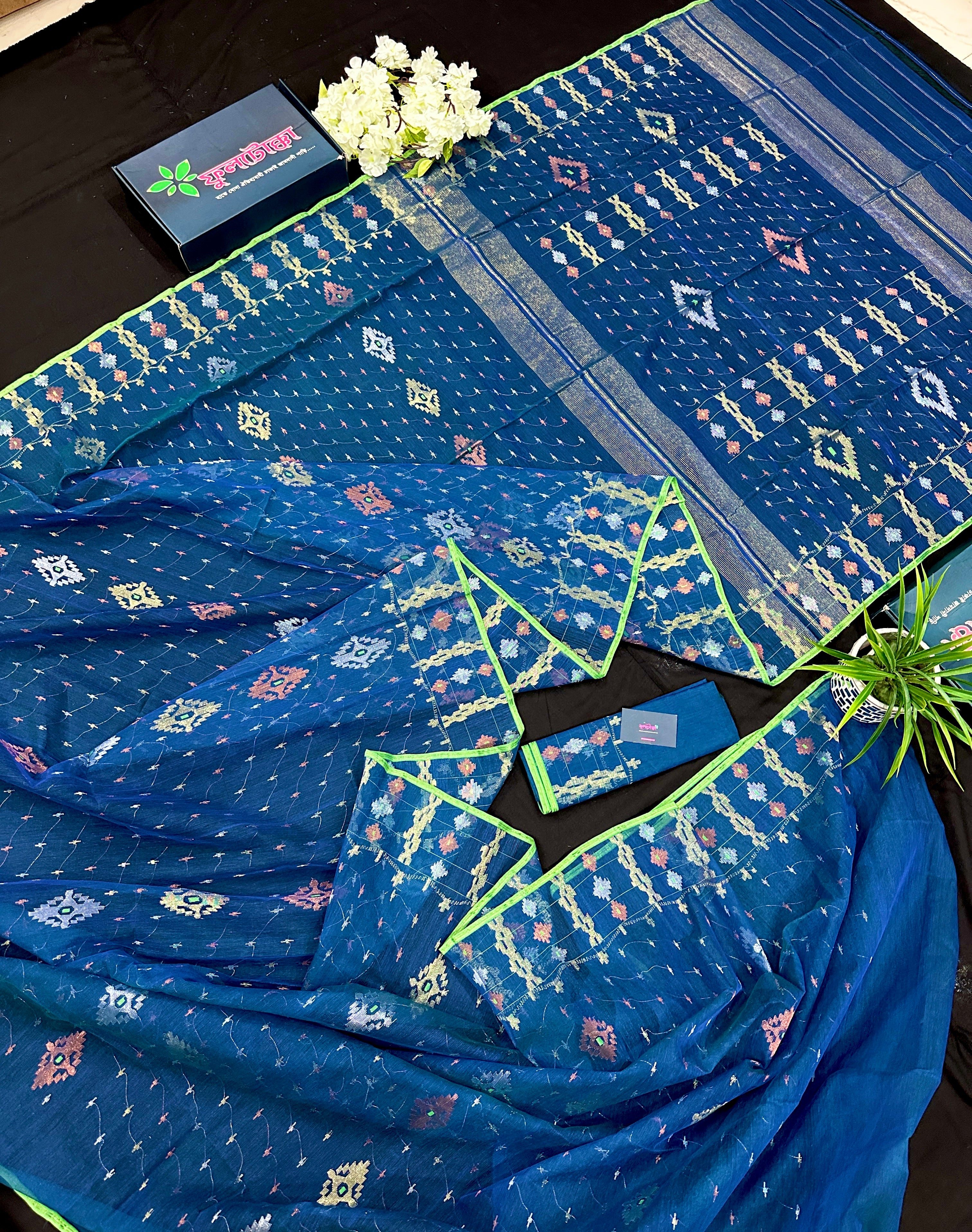 Sea blue dhakai jamdani saree with golden silver & copper jori work soft count.