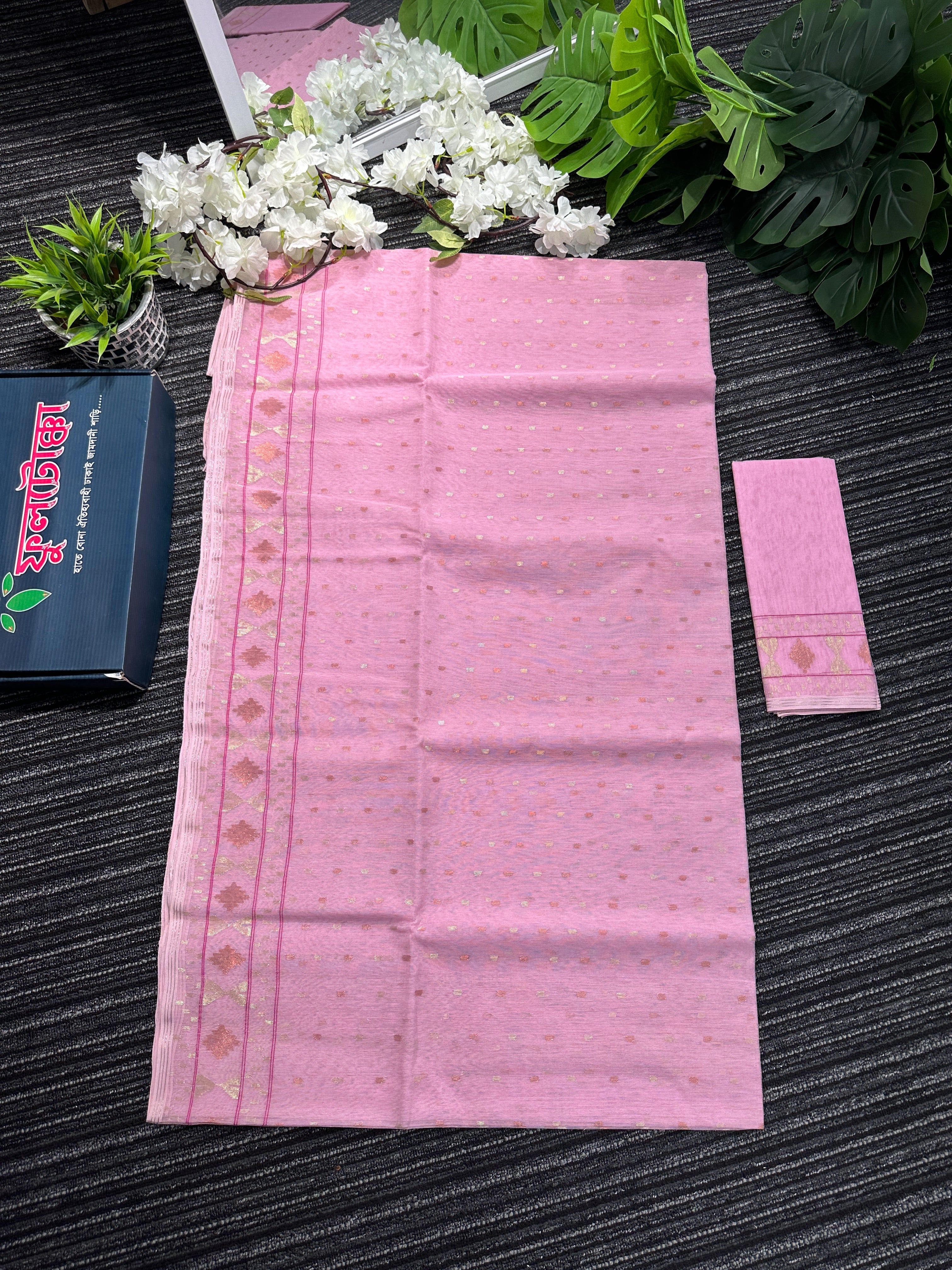 Light pink halfsilk jamdani saree with golden silver and copper jori work