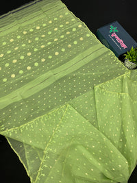 Olive Green Original Handloom Halfsilk Dhakai Jamdani Saree With Self Threads Work & Golden Jori Work