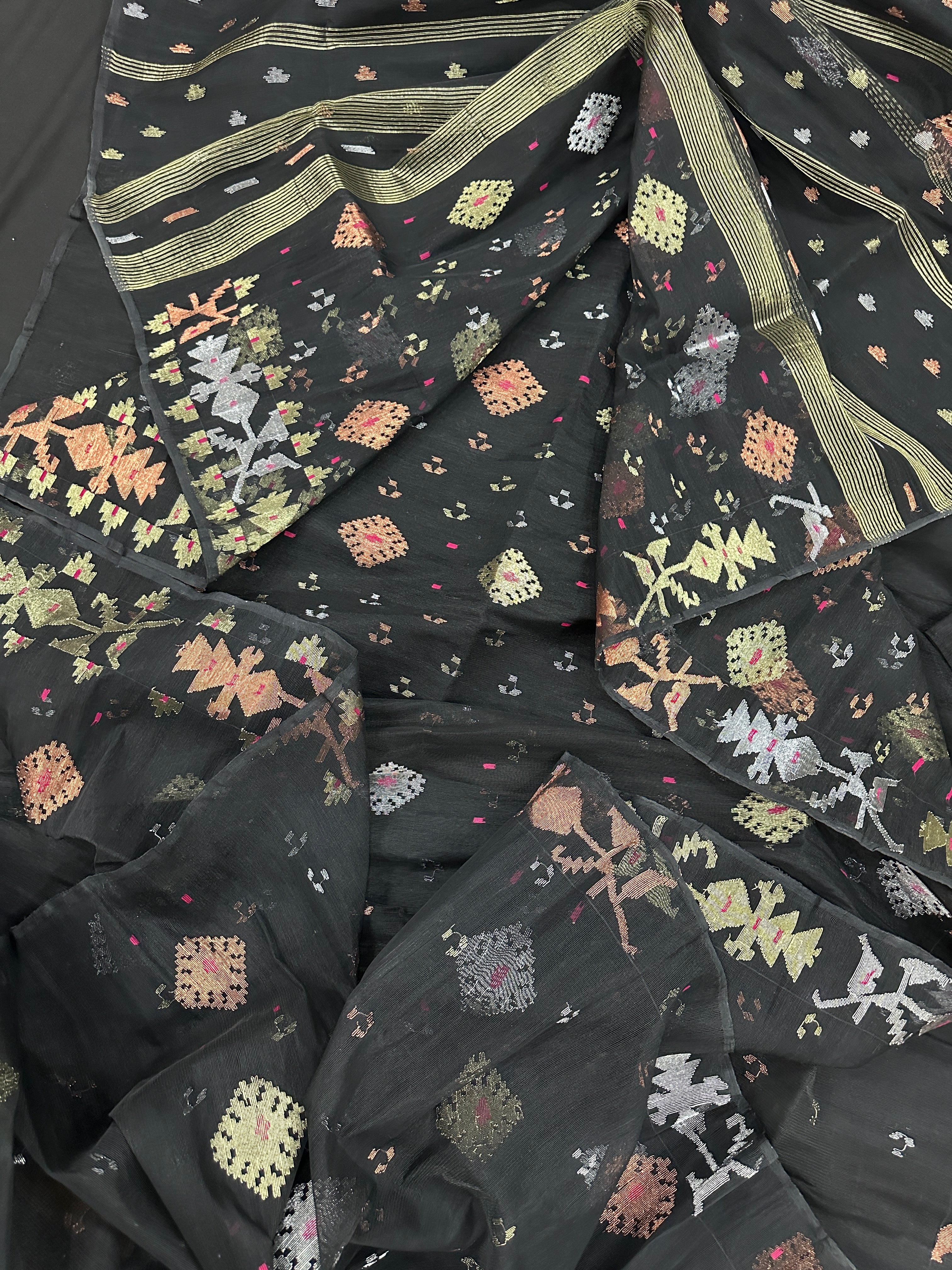 Black Jamdani Saree With Golden Silver & Copper Jori Work