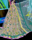 Banggi colour halfsilk jamdani saree with green yellow pink threads work