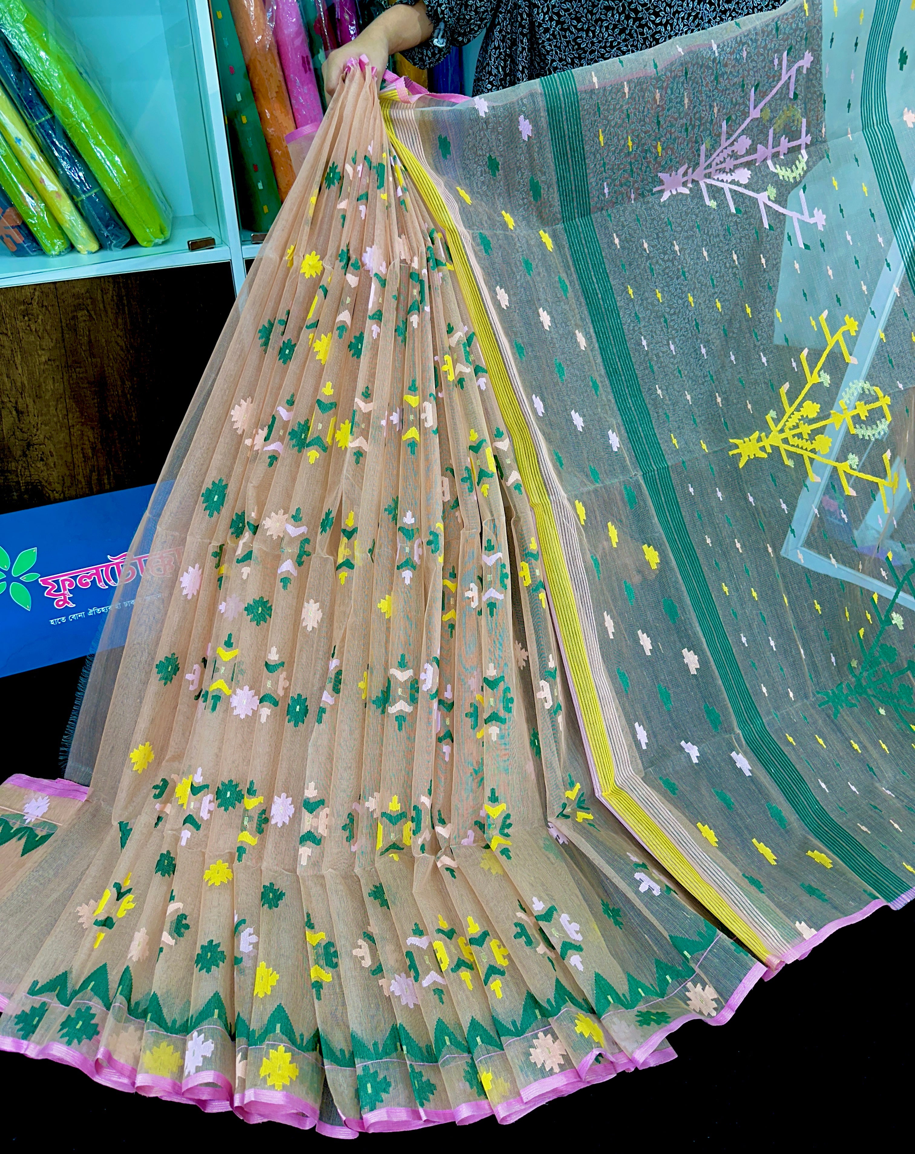 Banggi colour halfsilk jamdani saree with green yellow pink threads work