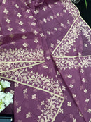 Onion cotton jamdani saree with yellowish threads work all over work.
