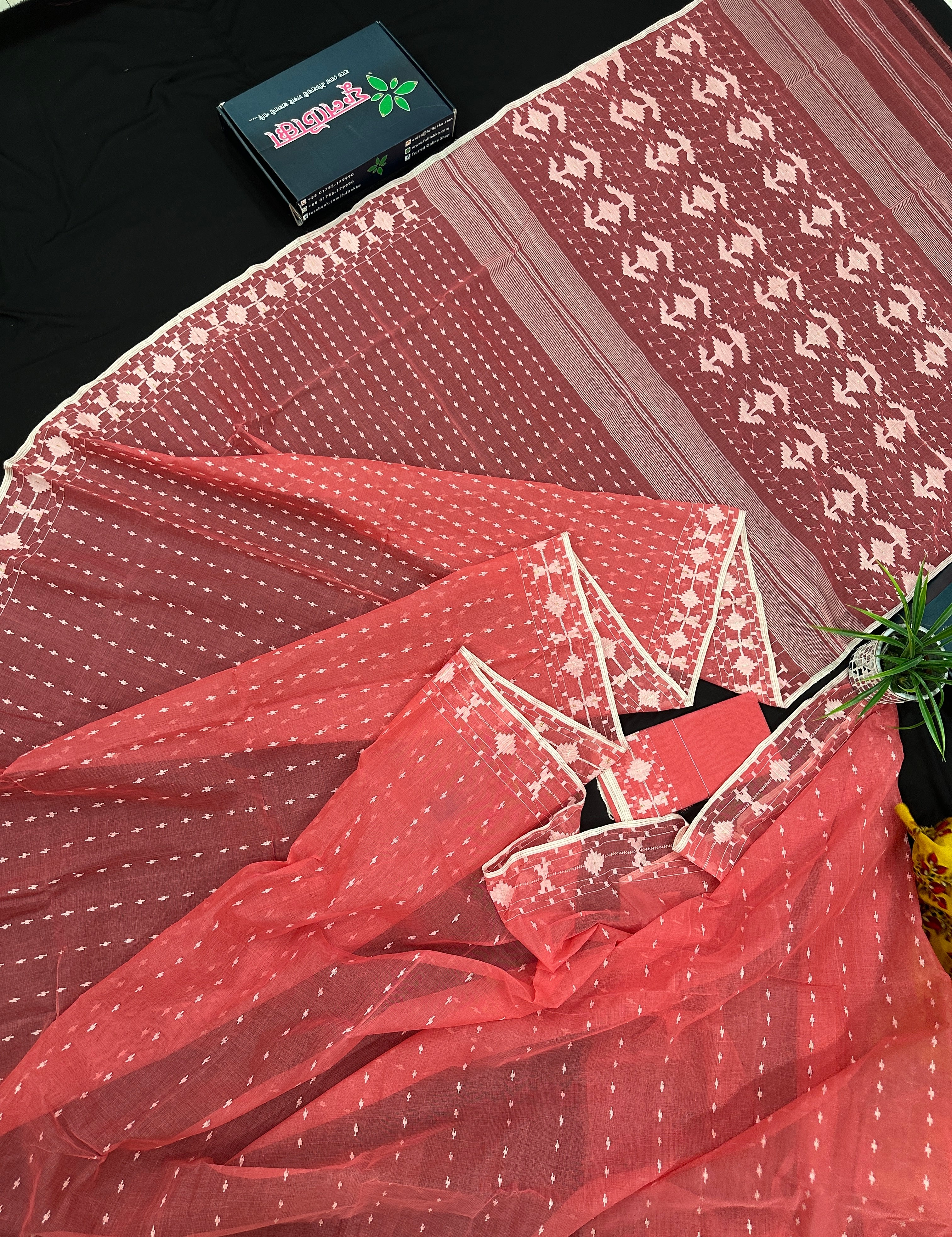 Sweet pink cotton jamdani saree with white threads work and blouse piece.