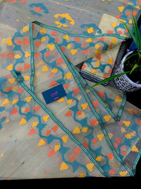 Cream colour jamdani saree with yellow orange blue floral threads work and blouse piece.