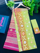 Green & Orange Colour Original Handloom Halfsilk Dhakai Jamdani With Golden Silver & Copper Jori Work