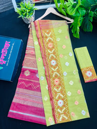 Green & Orange Colour Original Handloom Halfsilk Dhakai Jamdani With Golden Silver & Copper Jori Work