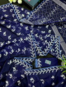 Navy blue jamdani saree with silver jori work soft threads all over work.