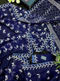 Navy blue jamdani saree with silver jori work soft threads all over work.