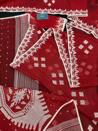 Radish Maroon cotton jamdani saree with white threads work all over work.
