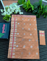 Peach halfsilk jamdani saree with silver jori work and pink peach threads work